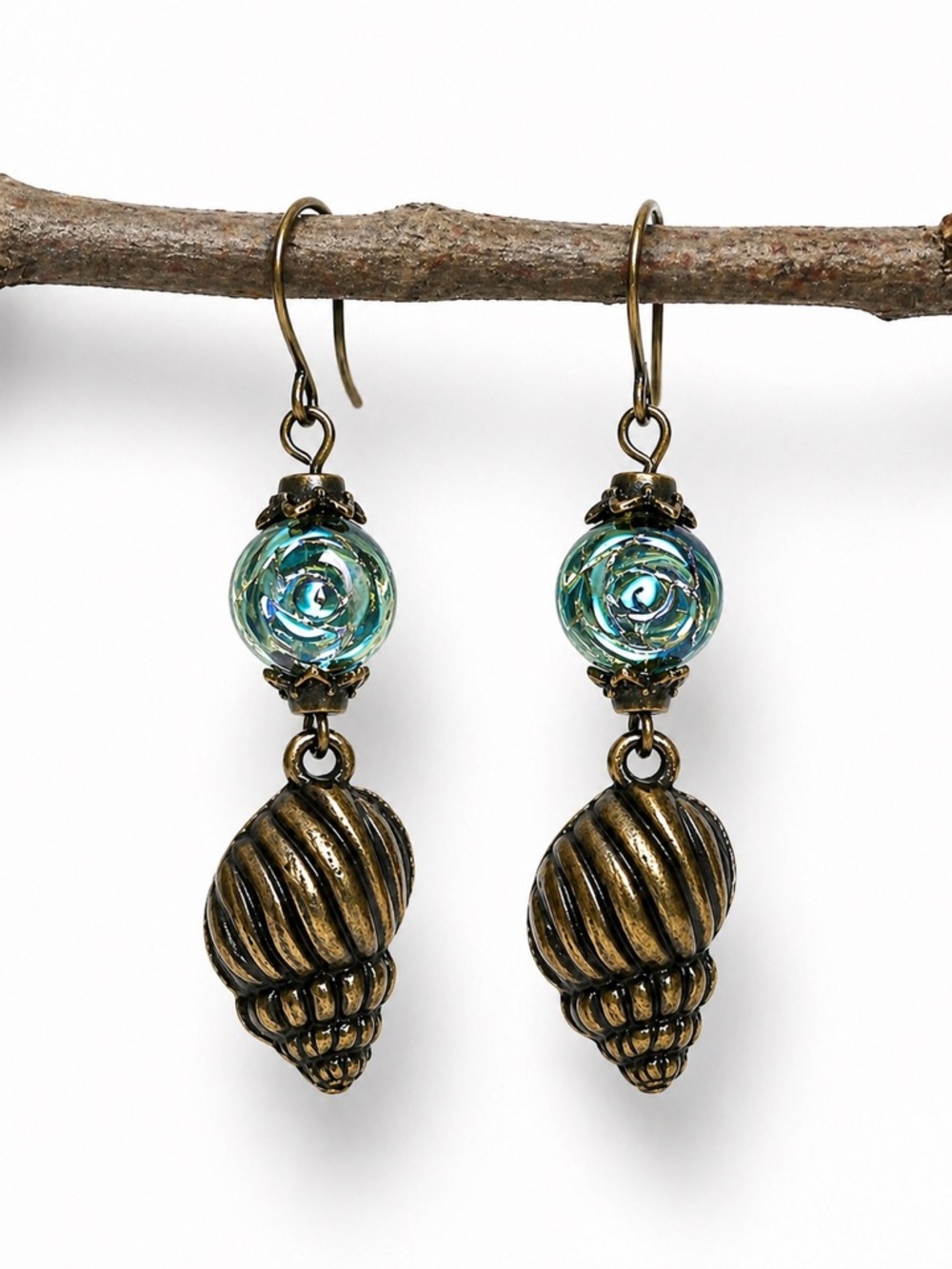 Boho Shell & Glass Earrings, Bronze Dangle, Teal Coastal Jewelry